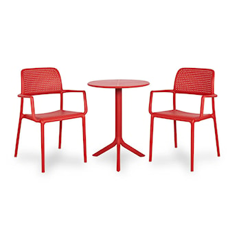 Zestaw balkonowy okrągły stół Spritz 60 cm i 2 krzesła z podłokietnikami Bora Nardi z certyfikowanego tworzywa czerwony