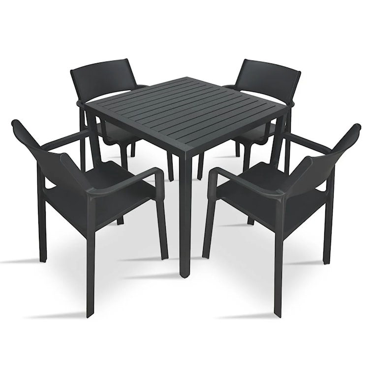 Zestaw ogrodowy stół kwadratowy Cube 70 cm i 4 krzesła z podłokietnikami Trill Nardi z certyfikowanego tworzywa antracytowy