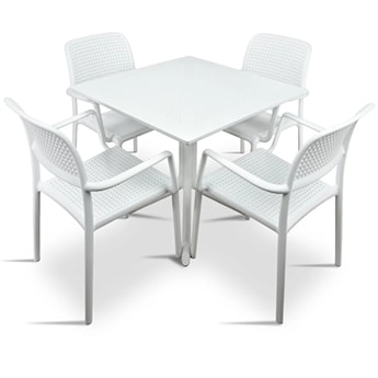 Zestaw ogrodowy stół kwadratowy Clip 70 cm i 4 krzesła z podłokietnikami Bora Nardi z certyfikowanego tworzywa biały