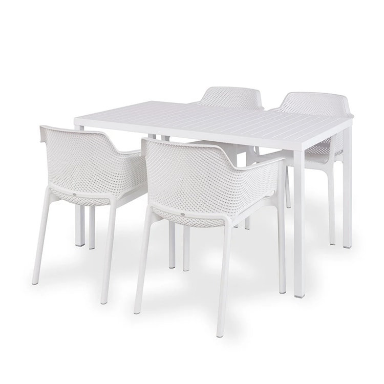 Zestaw ogrodowy stół Cube 140x80 cm i 4 krzesła Net Nardi z certyfikowanego tworzywa biały
