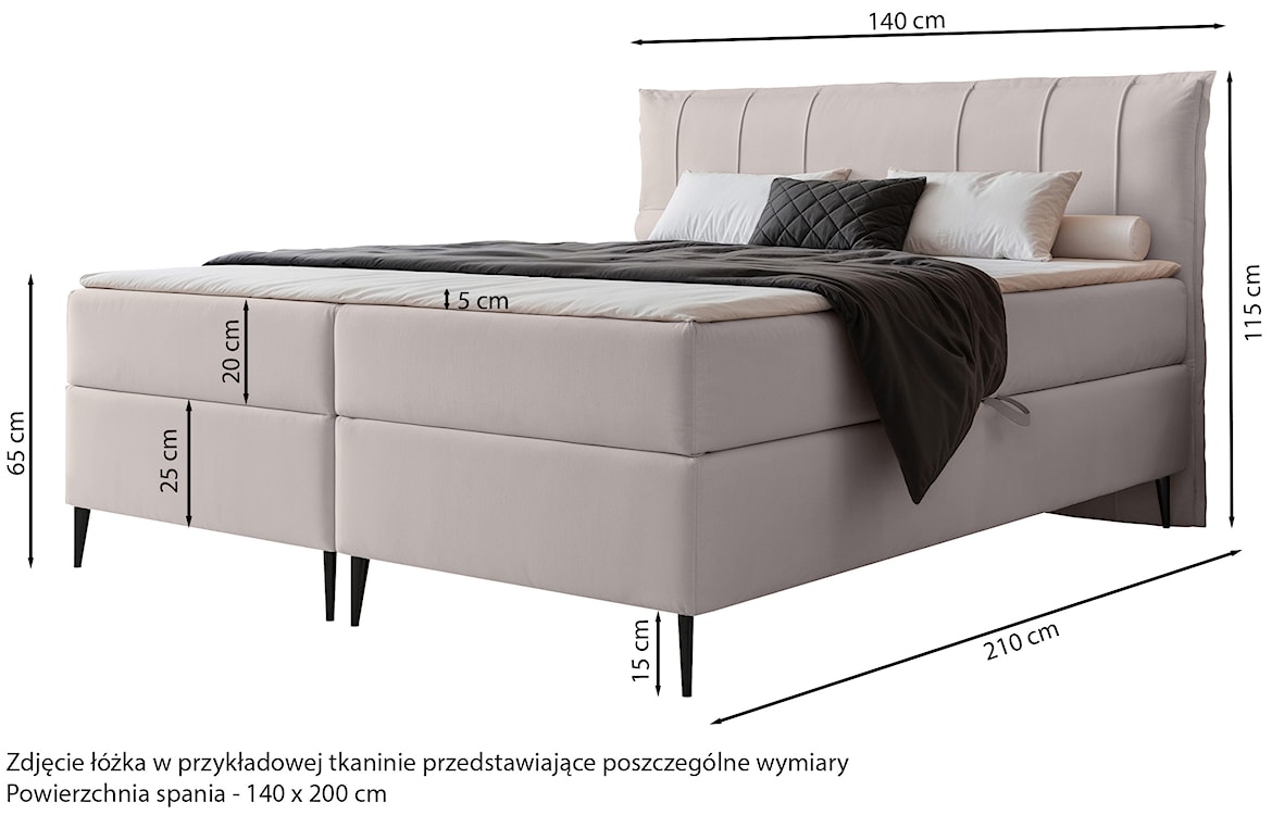 Łóżko kontynentalne 140x200 cm Suzi z materacem bonellowym i topperem eukaliptusowe welur hydrofobowy  - zdjęcie 4