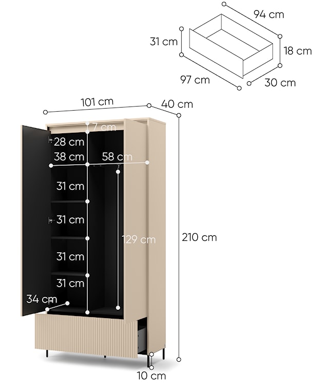 Szafa dwudrzwiowa Trend z szufladą i oświetleniem 101 cm ryflowane fronty beż piaskowy / czarny  - zdjęcie 8