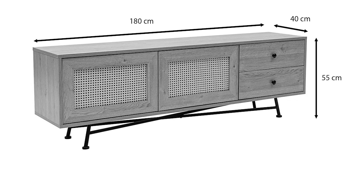 Szafka RTV Crattale 180 cm z rattanowym frontem czarna  - zdjęcie 10