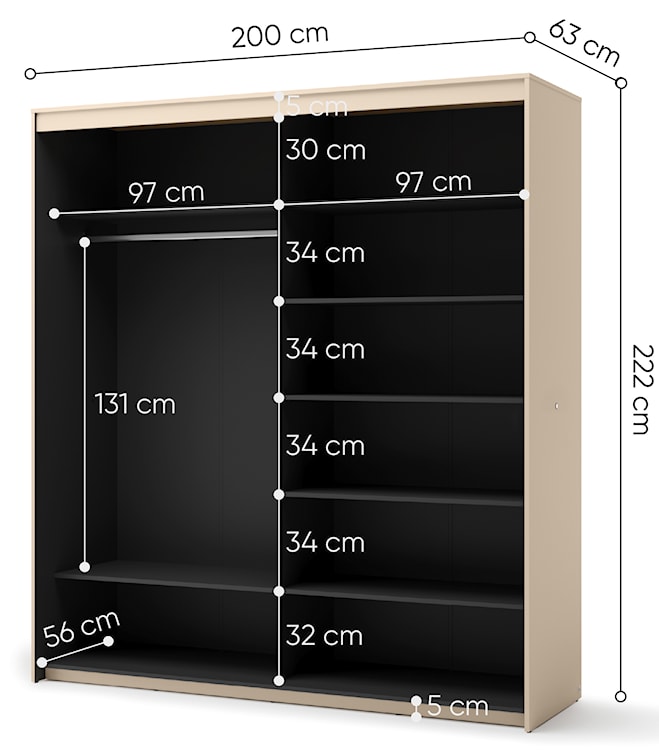 Szafa przesuwna Trend dwudrzwiowa z lustrem i oświetleniem 200 cm ryflowany front beż piaskowy / czarny  - zdjęcie 7