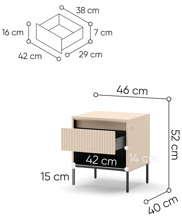 Szafka nocna Trend z szufladą i oświetleniem 46 cm ryflowany front beż piaskowy / czarny  - zdjęcie 8