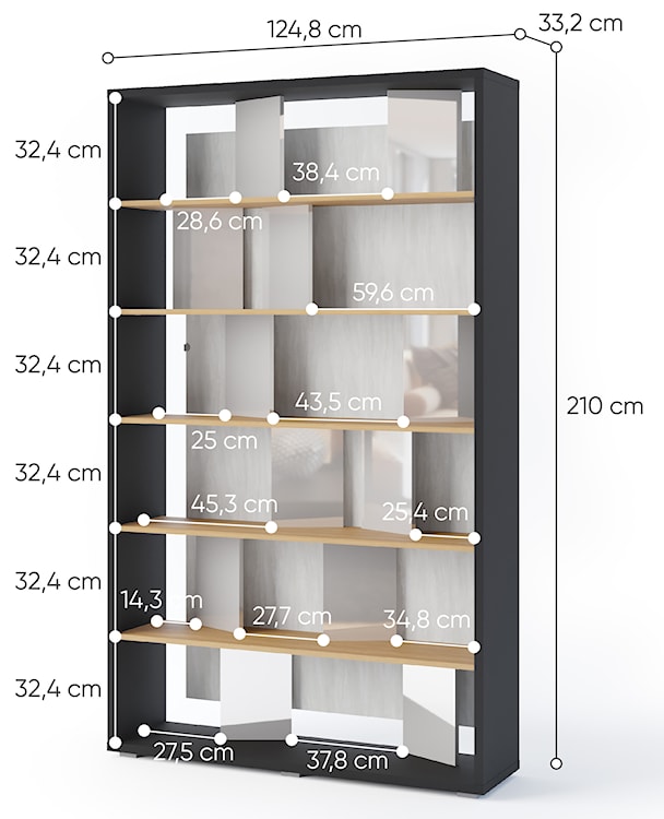 Regał otwarty Fitt z oświetleniem LED 125 cm grafit / dąb linearny / szary połysk  - zdjęcie 6