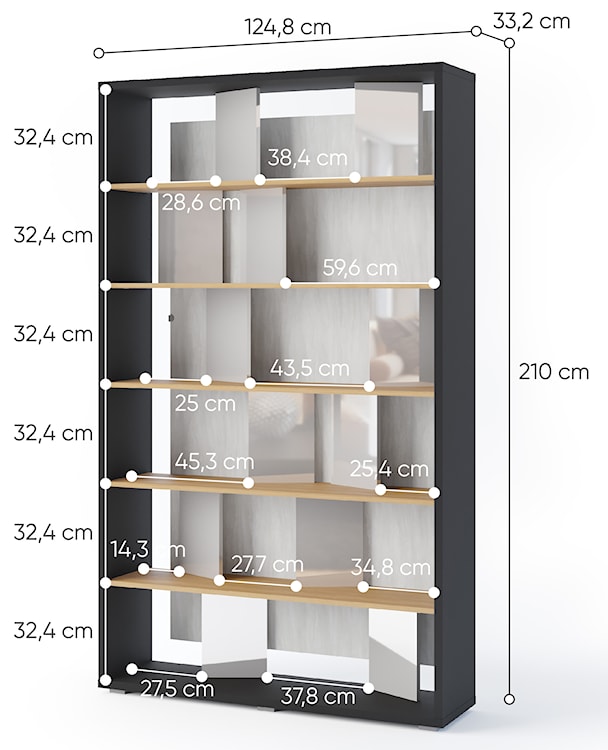 Regał otwarty Fitt z oświetleniem LED 125 cm grafit / dąb linearny / szary połysk  - zdjęcie 6