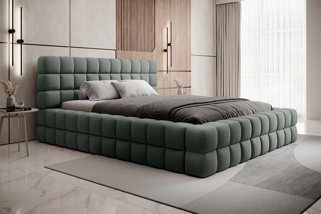 Łóżko tapicerowane 160x200 cm Boubble z pojemnikiem zielone szenil hydrofobowy  - zdjęcie 3