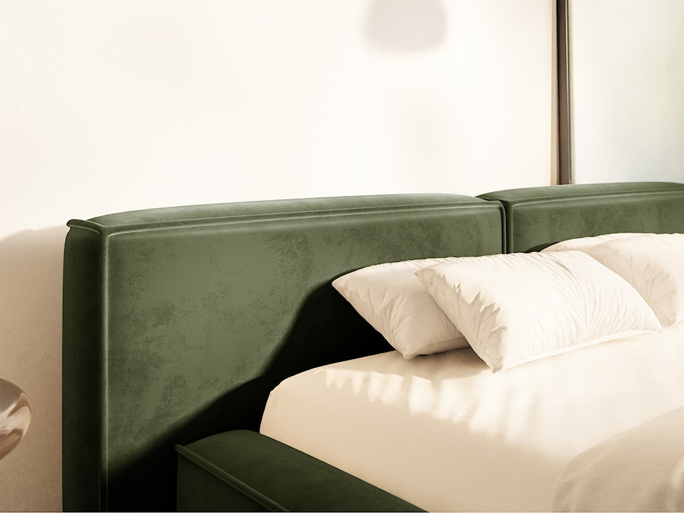 Łóżko tapicerowane 200x200 cm Tilves Low z pojemnikiem stelaż metalowy oliwkowe welur  - zdjęcie 4