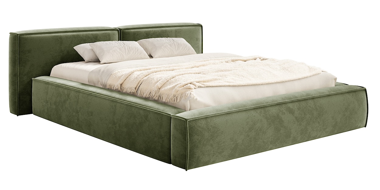 Łóżko tapicerowane 200x200 cm Tilves Low z pojemnikiem stelaż metalowy oliwkowe welur 