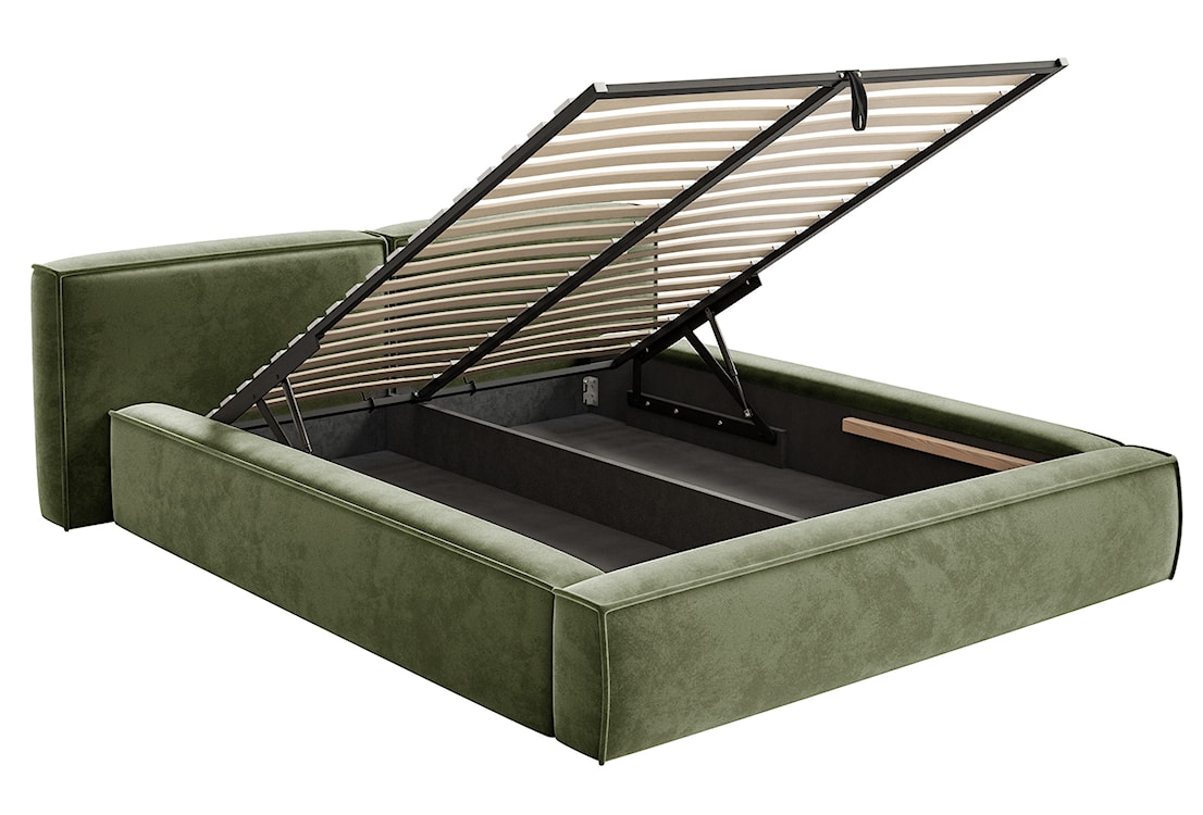Łóżko tapicerowane 200x200 cm Tilves Low z pojemnikiem stelaż metalowy oliwkowe welur  - zdjęcie 6