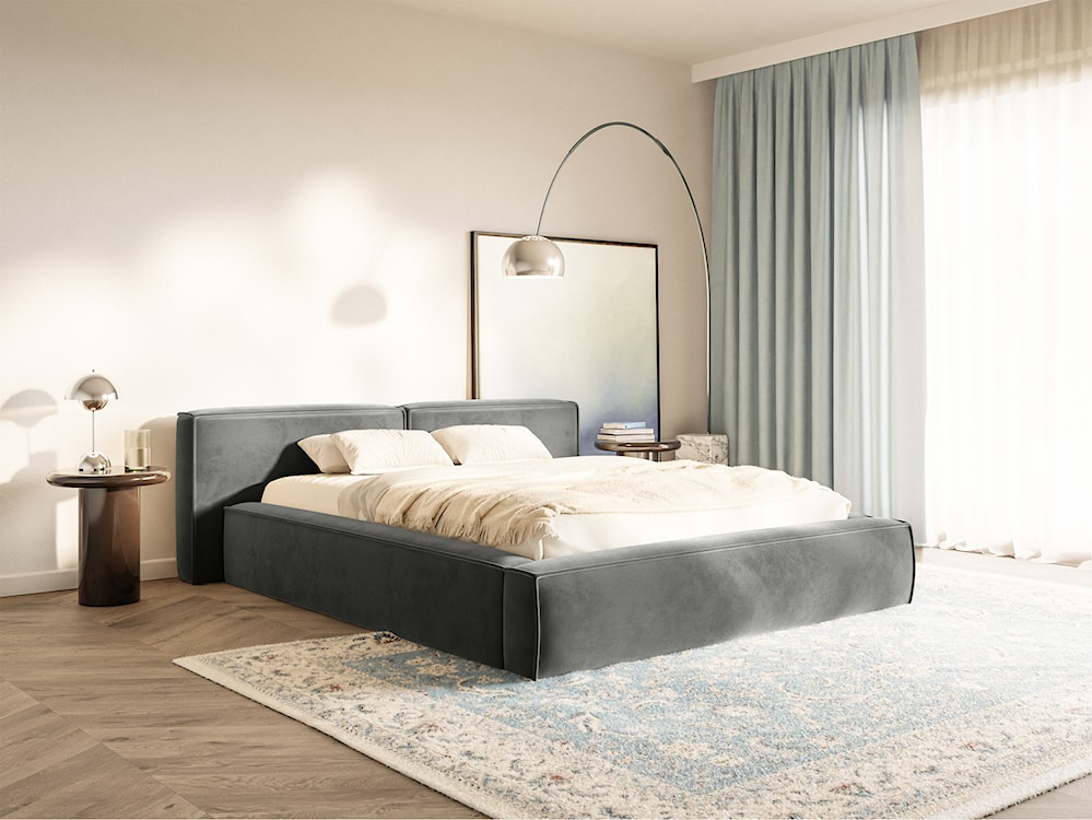 Łóżko tapicerowane 140x200 cm Tilves Low z pojemnikiem stelaż metalowy szare welur  - zdjęcie 2