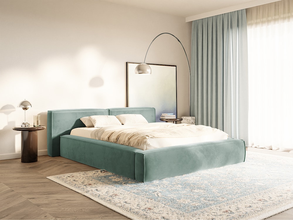 Łóżko tapicerowane 180x200 cm Tilves Low z pojemnikiem stelaż metalowy szałwiowe welur  - zdjęcie 2