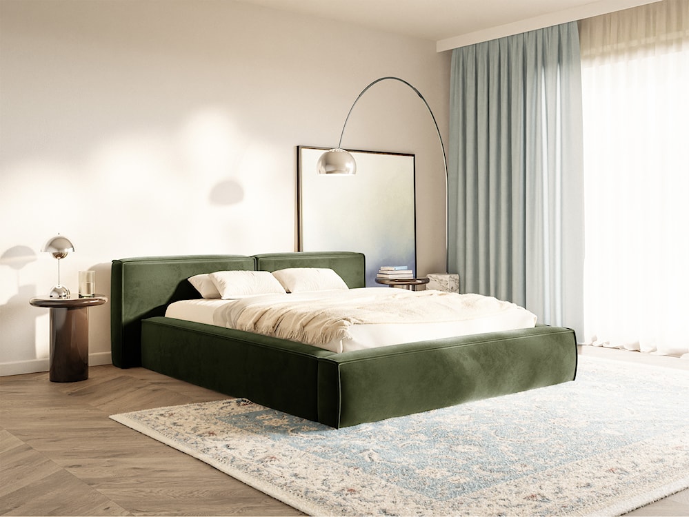 Łóżko tapicerowane 200x200 cm Tilves Low z pojemnikiem stelaż metalowy oliwkowe welur  - zdjęcie 2