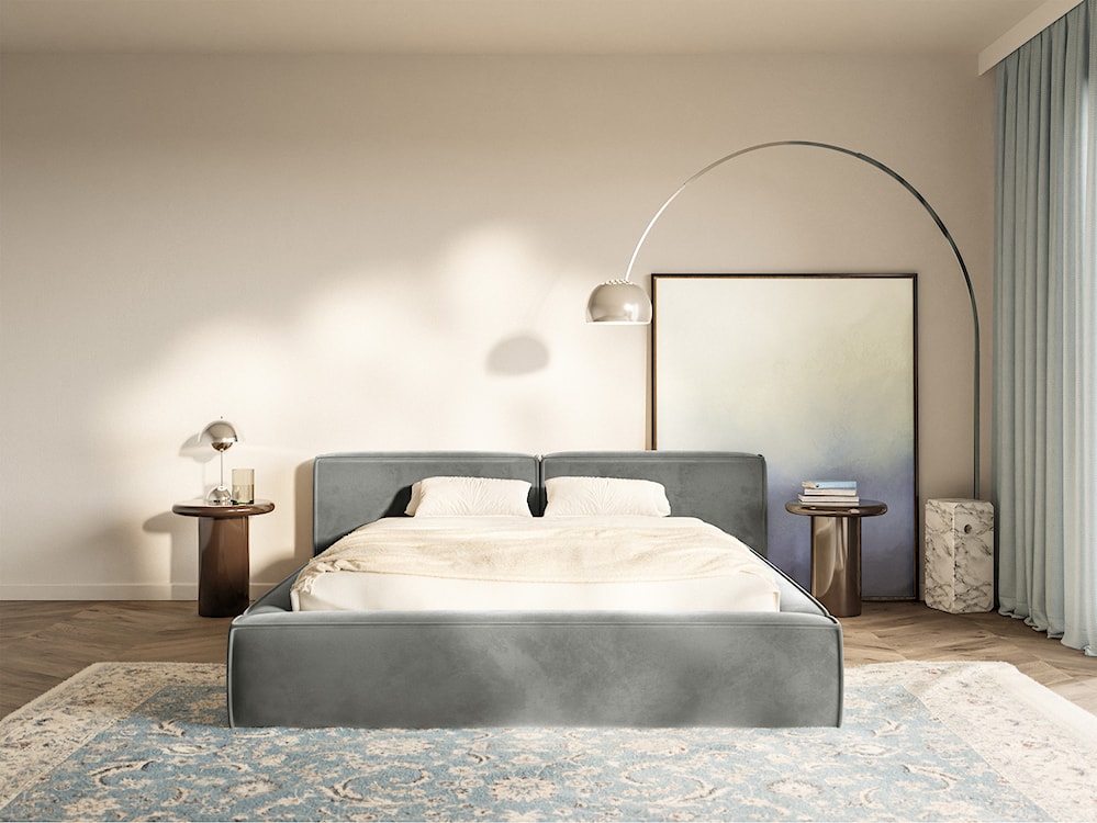 Łóżko tapicerowane 140x200 cm Tilves Low z pojemnikiem stelaż metalowy szare welur  - zdjęcie 3