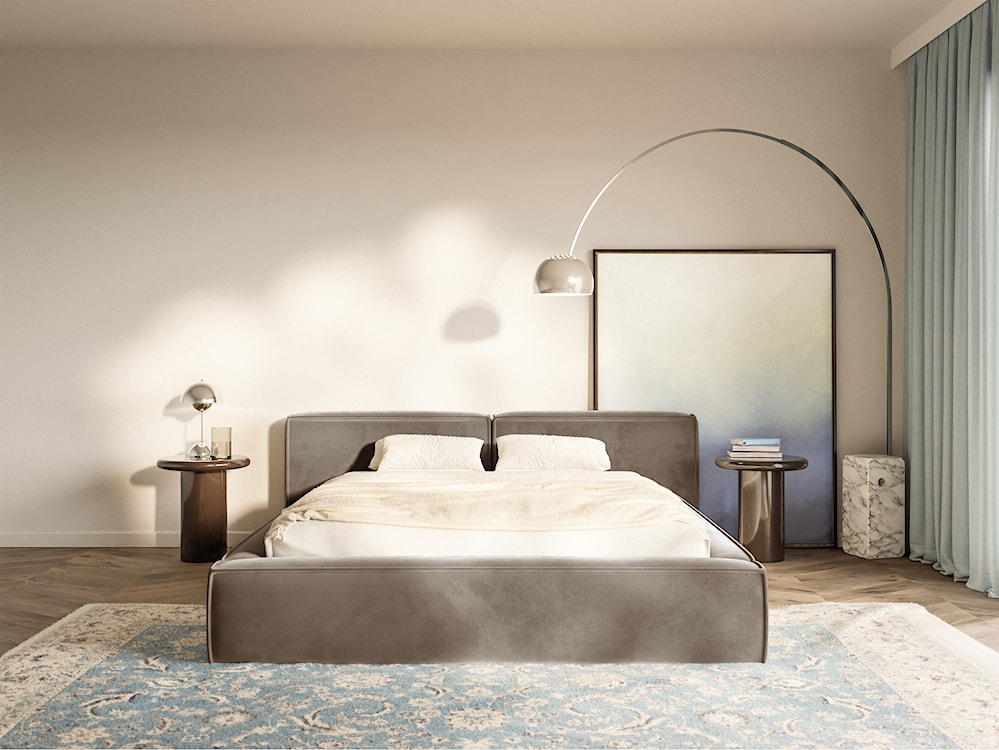 Łóżko tapicerowane 140x200 cm Tilves Low z pojemnikiem stelaż metalowy jasnobrązowe welur  - zdjęcie 3