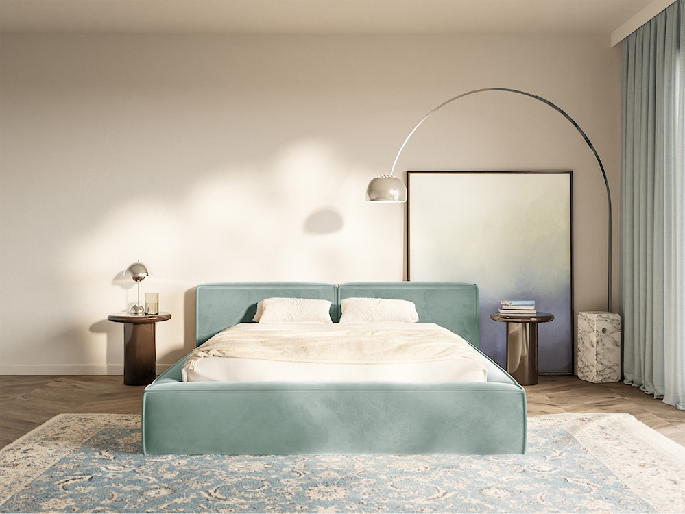 Łóżko tapicerowane 180x200 cm Tilves Low z pojemnikiem stelaż metalowy szałwiowe welur  - zdjęcie 3