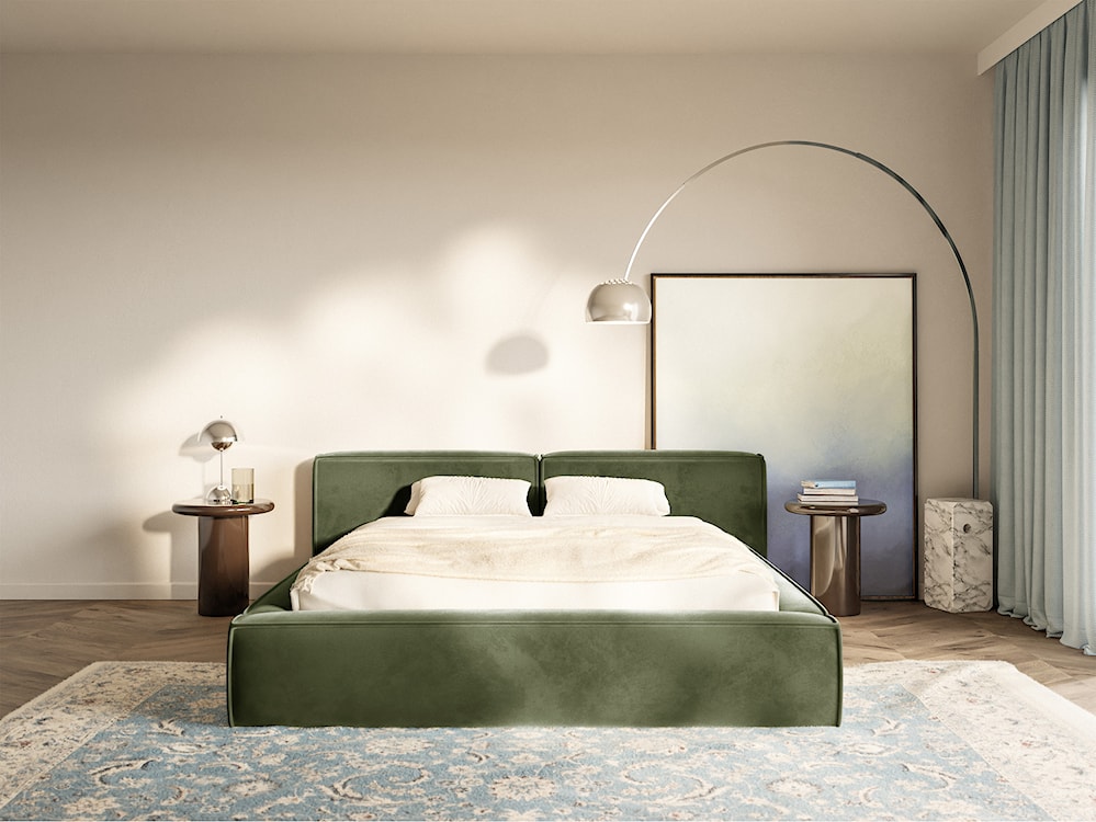 Łóżko tapicerowane 200x200 cm Tilves Low z pojemnikiem stelaż metalowy oliwkowe welur  - zdjęcie 3