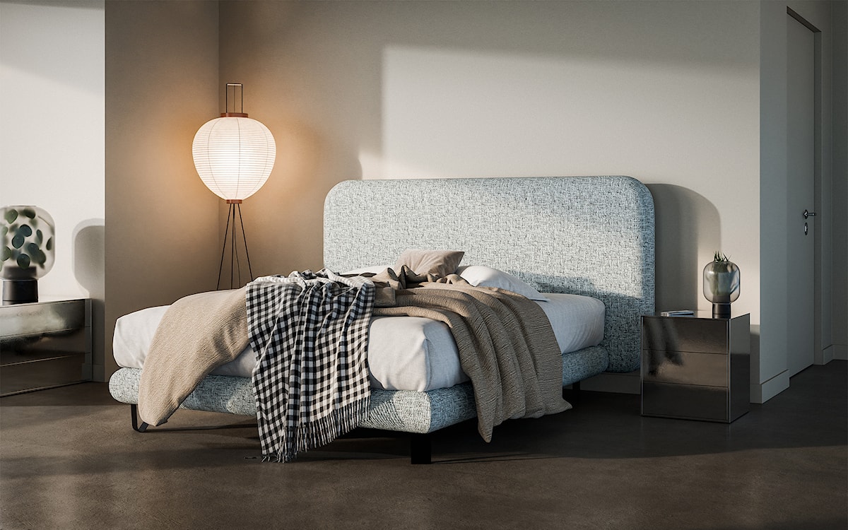 Łóżko tapicerowane Trimmo 140x200 cm z topperem szarobeżowe plecionka  - zdjęcie 2