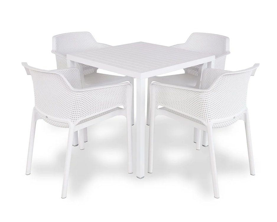 Zestaw ogrodowy stół kwadratowy Cube 80 cm i 4 krzesła z podłokietnikami Net Nardi z certyfikowanego tworzywa biały