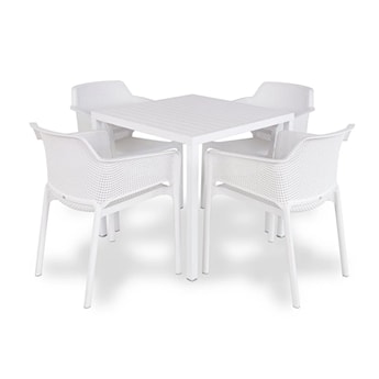 Zestaw ogrodowy stół kwadratowy Cube 80 cm i 4 krzesła z podłokietnikami Net Nardi z certyfikowanego tworzywa biały