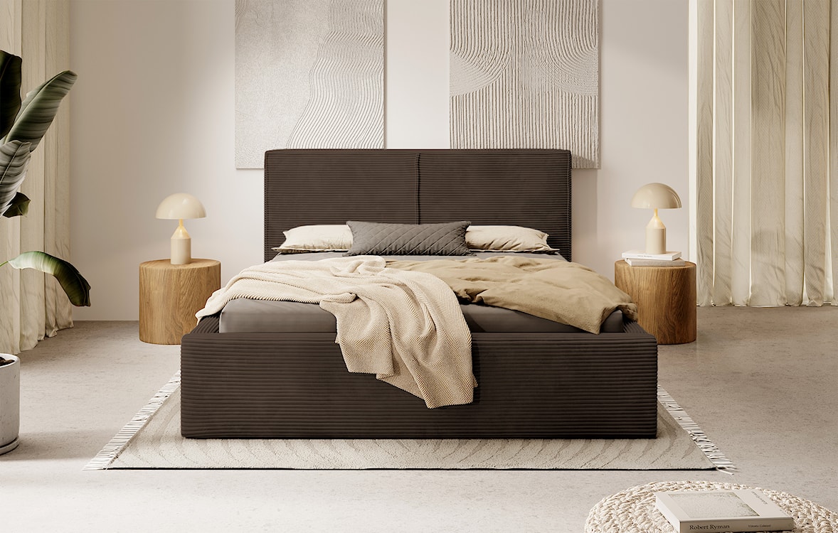 Łóżko tapicerowane 160/200 cm Farese ciemnobrązowe z pojemnikiem, stelażem metalowym i siłownikiem gazowym sztruks  - zdjęcie 2