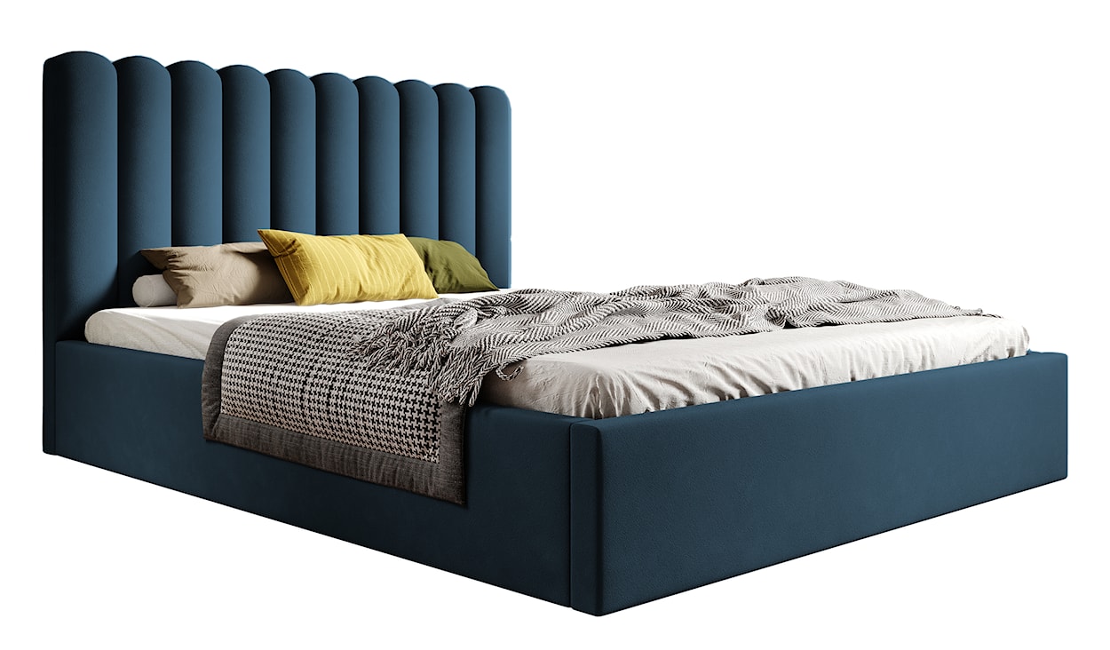 Łóżko tapicerowane 140x200 cm Motoba z pojemnikiem i metalowym stelażem z podnośnikiem gazowym niebieskie welur 