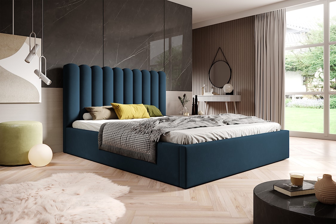 Łóżko tapicerowane 140x200 cm Motoba z pojemnikiem i metalowym stelażem z podnośnikiem gazowym niebieskie welur  - zdjęcie 2