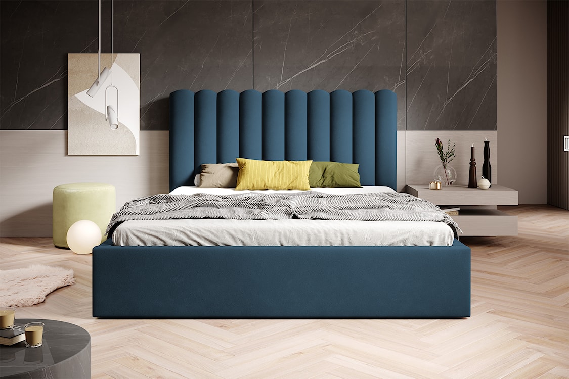 Łóżko tapicerowane 140x200 cm Motoba z pojemnikiem i metalowym stelażem z podnośnikiem gazowym niebieskie welur  - zdjęcie 3