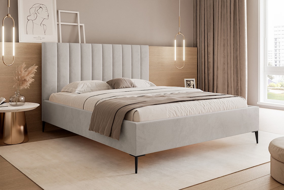 Łóżko tapicerowane 140x200 cm Veloro z pojemnikiem szarobeżowe welur stelaż metalowy na wysokich nóżkach  - zdjęcie 2