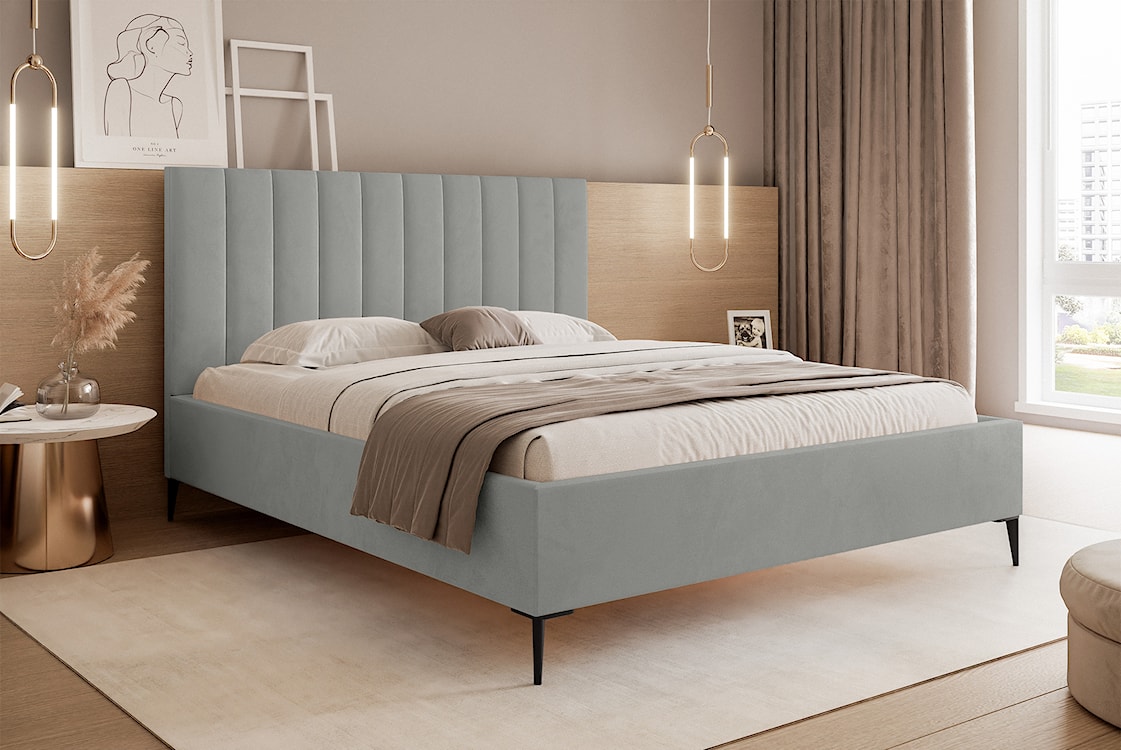 Łóżko tapicerowane 140x200 cm Veloro z pojemnikiem jasnoszare welur stelaż metalowy na wysokich nóżkach  - zdjęcie 2