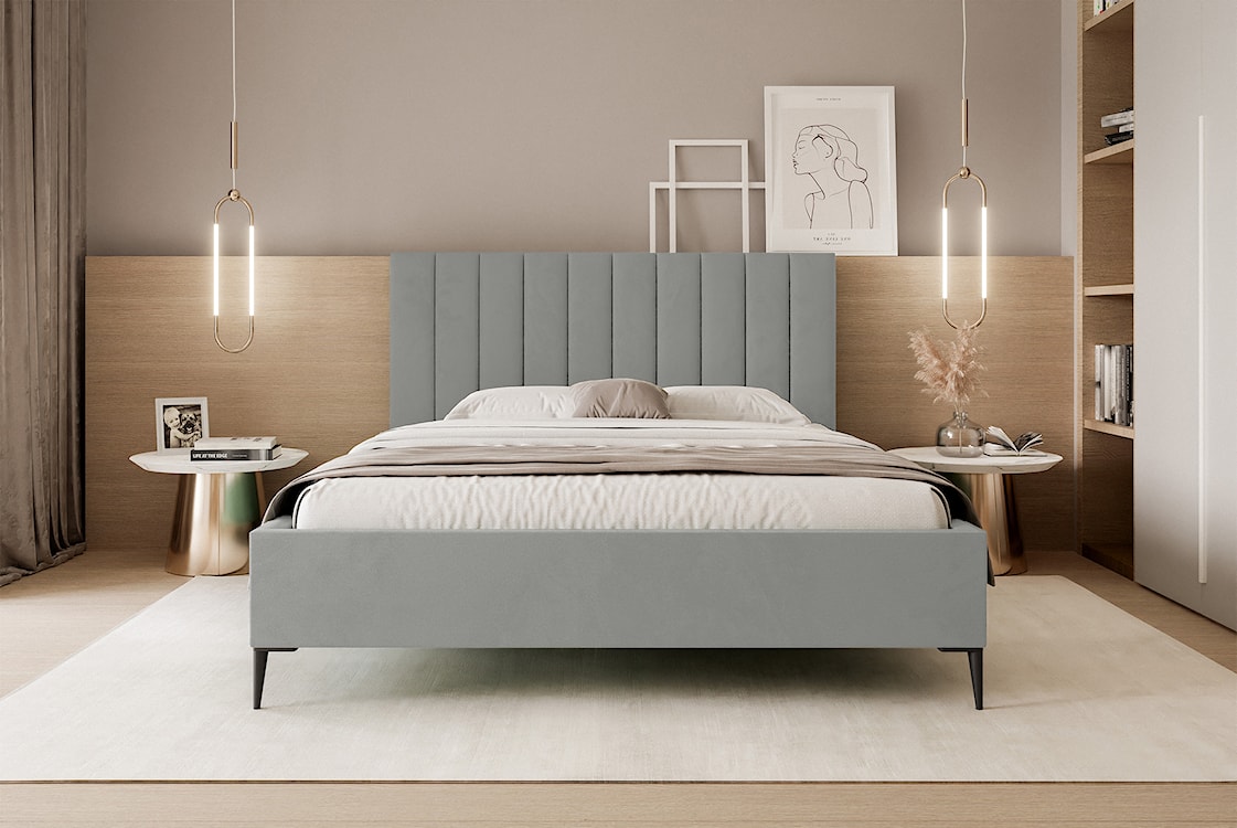 Łóżko tapicerowane 140x200 cm Veloro z pojemnikiem jasnoszare welur stelaż metalowy na wysokich nóżkach  - zdjęcie 3