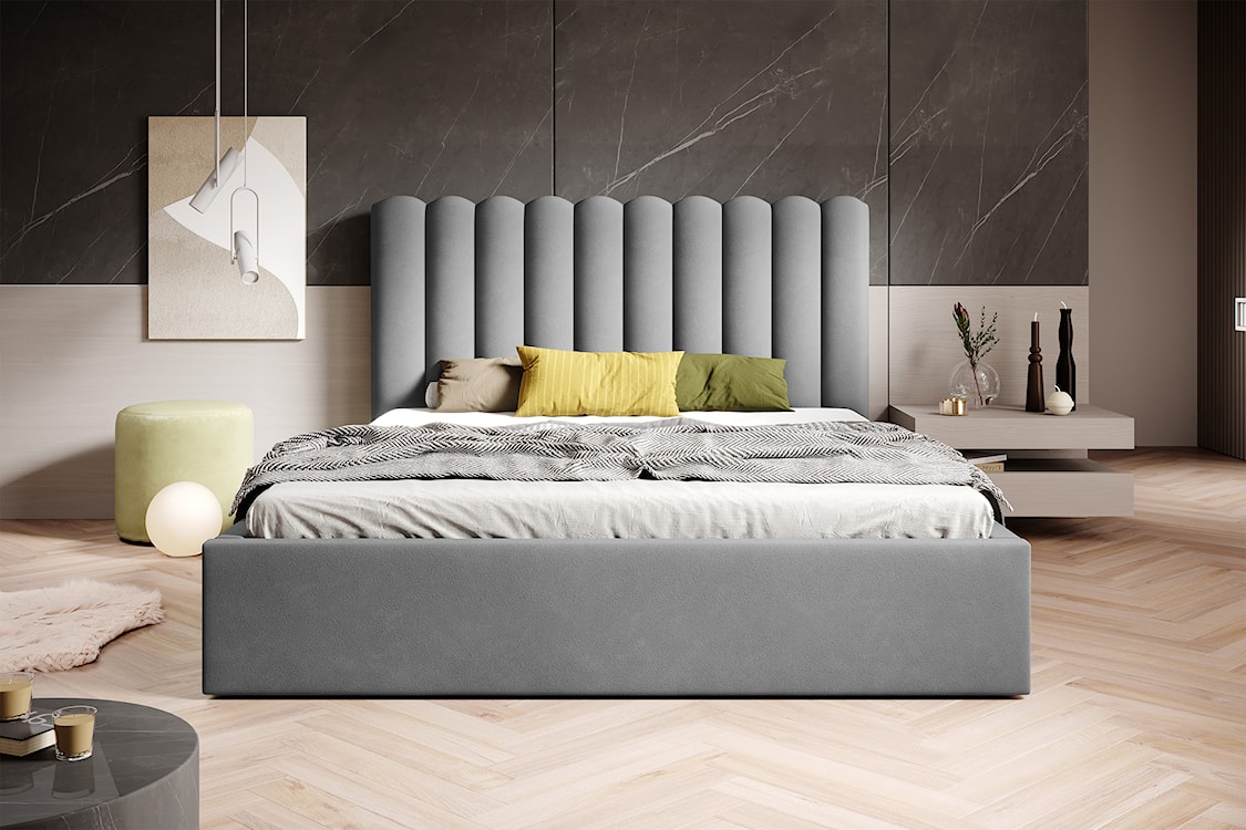 Łóżko tapicerowane 140x200 cm Motoba z pojemnikiem i metalowym stelażem z podnośnikiem gazowym jasnoszare welur  - zdjęcie 2