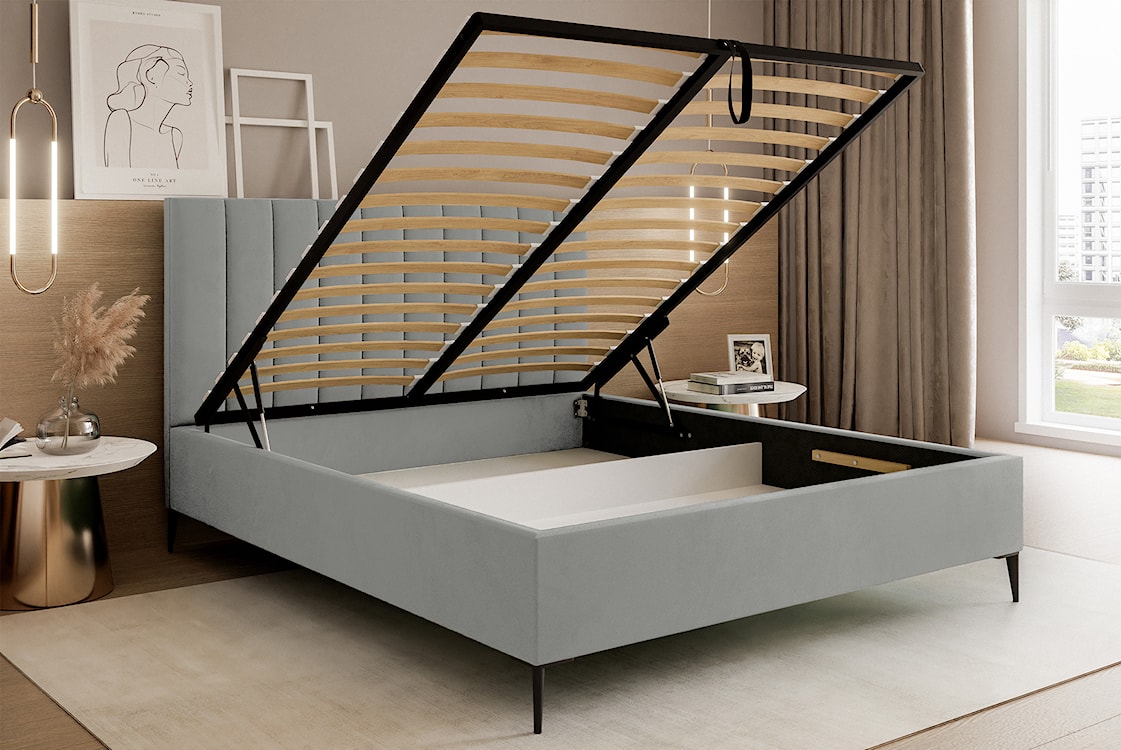 Łóżko tapicerowane 140x200 cm Veloro z pojemnikiem jasnoszare welur stelaż metalowy na wysokich nóżkach  - zdjęcie 4