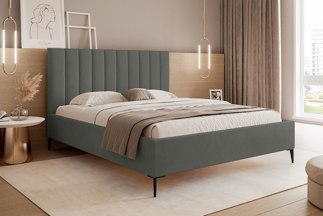 Łóżko tapicerowane 140x200 cm Veloro z pojemnikiem ciemnoszare welur stelaż metalowy na wysokich nóżkach  - zdjęcie 2