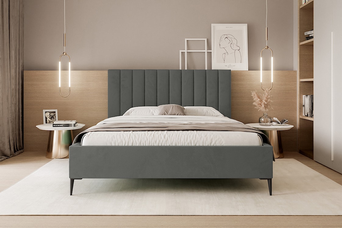 Łóżko tapicerowane 140x200 cm Veloro z pojemnikiem ciemnoszare welur stelaż metalowy na wysokich nóżkach  - zdjęcie 3