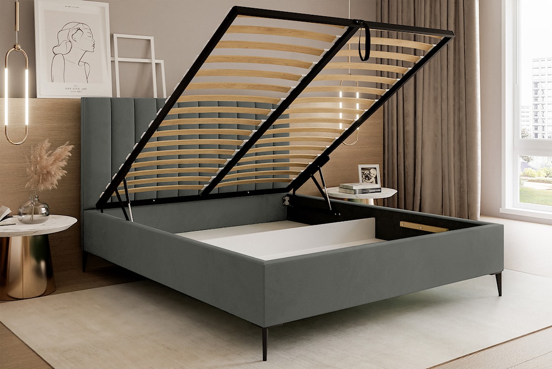 Łóżko tapicerowane 140x200 cm Veloro z pojemnikiem ciemnoszare welur stelaż metalowy na wysokich nóżkach  - zdjęcie 4
