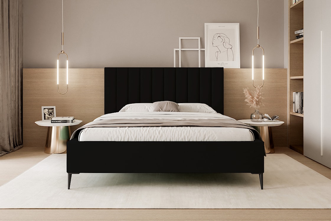 Łóżko tapicerowane 160x200 cm Veloro z pojemnikiem czarne welur stelaż metalowy na wysokich nóżkach  - zdjęcie 3