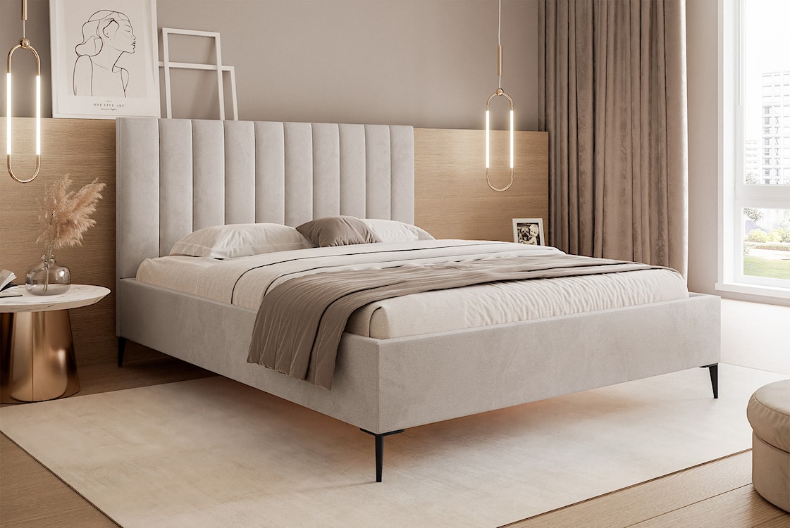 Łóżko tapicerowane 180x200 cm Veloro z pojemnikiem beżowe welur stelaż metalowy na wysokich nóżkach  - zdjęcie 2