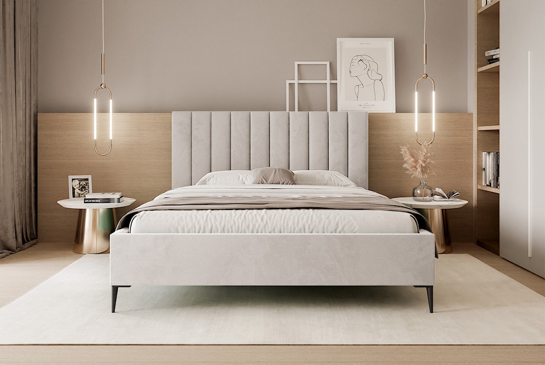 Łóżko tapicerowane 180x200 cm Veloro z pojemnikiem beżowe welur stelaż metalowy na wysokich nóżkach  - zdjęcie 3