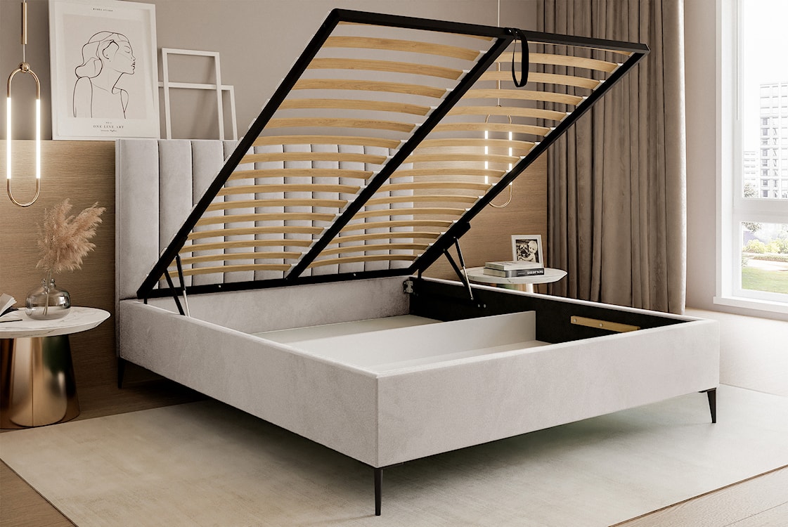 Łóżko tapicerowane 180x200 cm Veloro z pojemnikiem beżowe welur stelaż metalowy na wysokich nóżkach  - zdjęcie 4