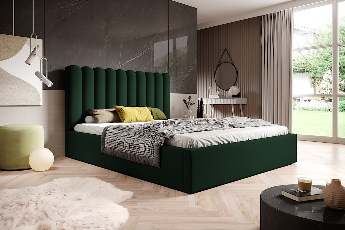 Łóżko tapicerowane 140x200 cm Motoba z pojemnikiem i metalowym stelażem z podnośnikiem gazowym zielone welur  - zdjęcie 2