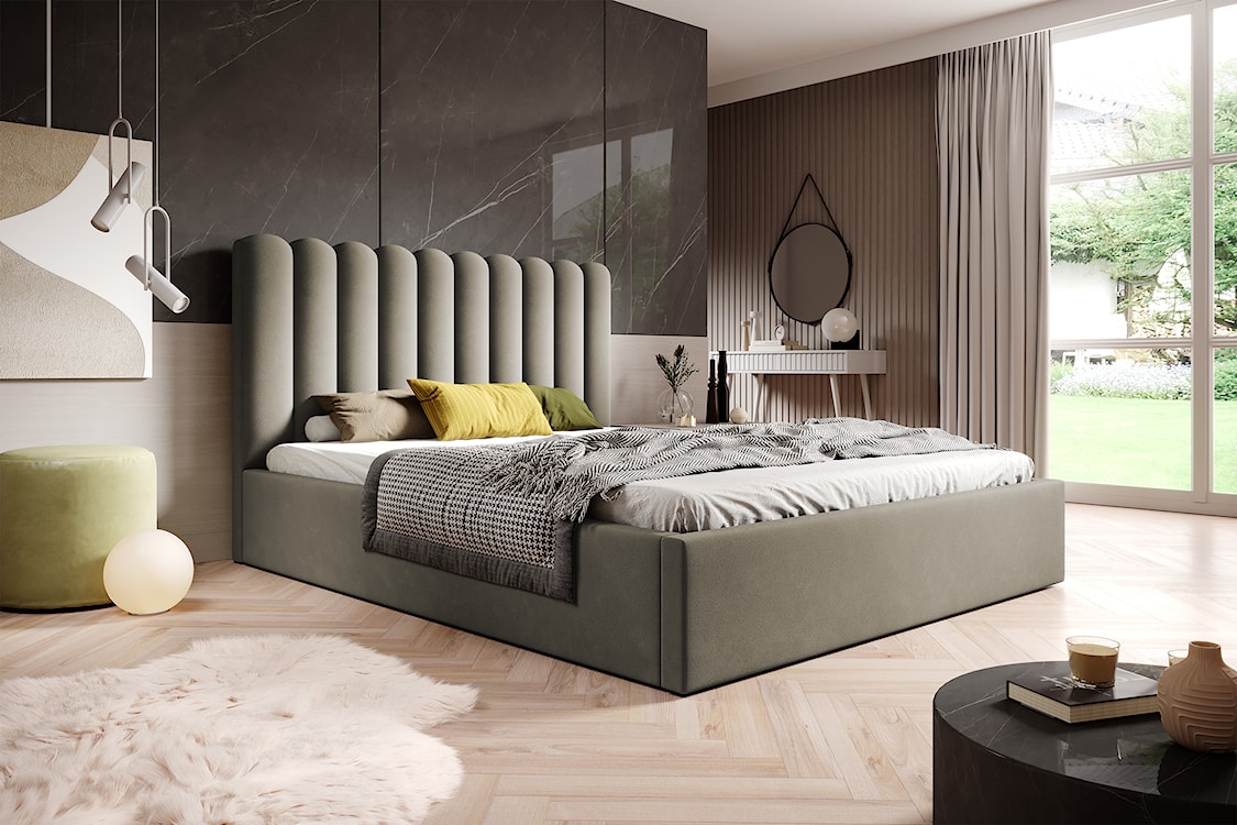 Łóżko tapicerowane 160x200 cm Motoba z pojemnikiem i metalowym stelażem z podnośnikiem gazowym ciemnobeżowe welur  - zdjęcie 3