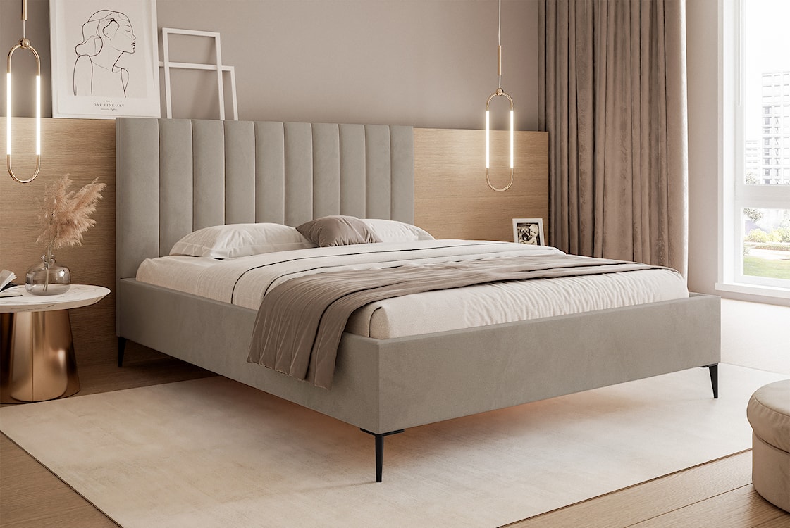 Łóżko tapicerowane 140x200 cm Veloro z pojemnikiem ciemnobeżowe welur stelaż metalowy na wysokich nóżkach  - zdjęcie 2