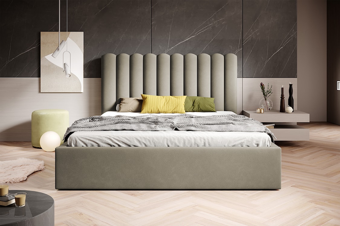 Łóżko tapicerowane 160x200 cm Motoba z pojemnikiem i metalowym stelażem z podnośnikiem gazowym ciemnobeżowe welur  - zdjęcie 2