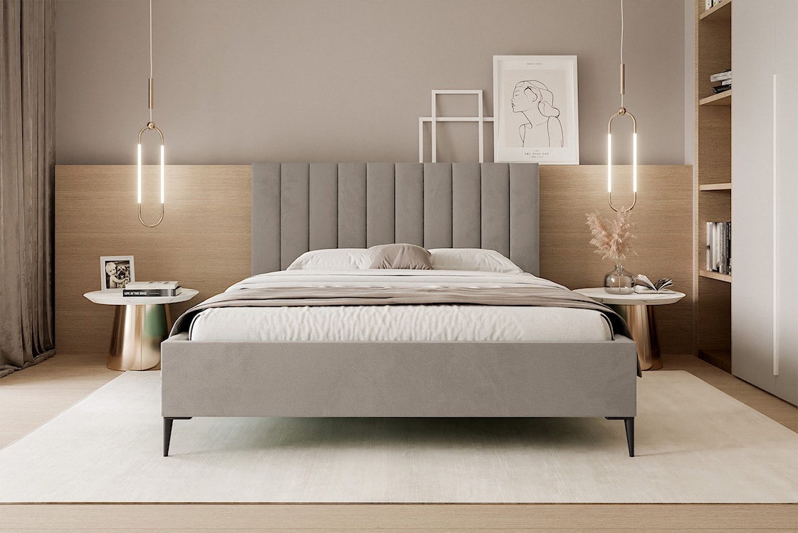 Łóżko tapicerowane 140x200 cm Veloro z pojemnikiem ciemnobeżowe welur stelaż metalowy na wysokich nóżkach  - zdjęcie 3
