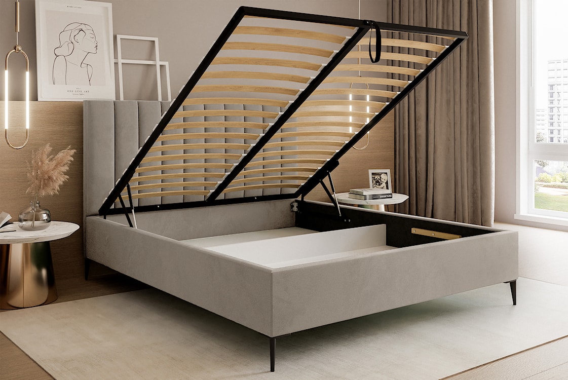 Łóżko tapicerowane 140x200 cm Veloro z pojemnikiem ciemnobeżowe welur stelaż metalowy na wysokich nóżkach  - zdjęcie 4