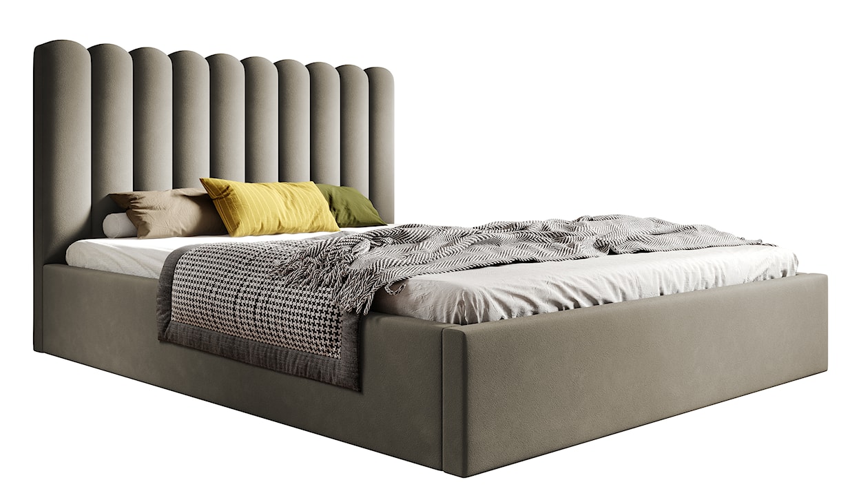 Łóżko tapicerowane 160x200 cm Motoba z pojemnikiem i metalowym stelażem z podnośnikiem gazowym ciemnobeżowe welur 