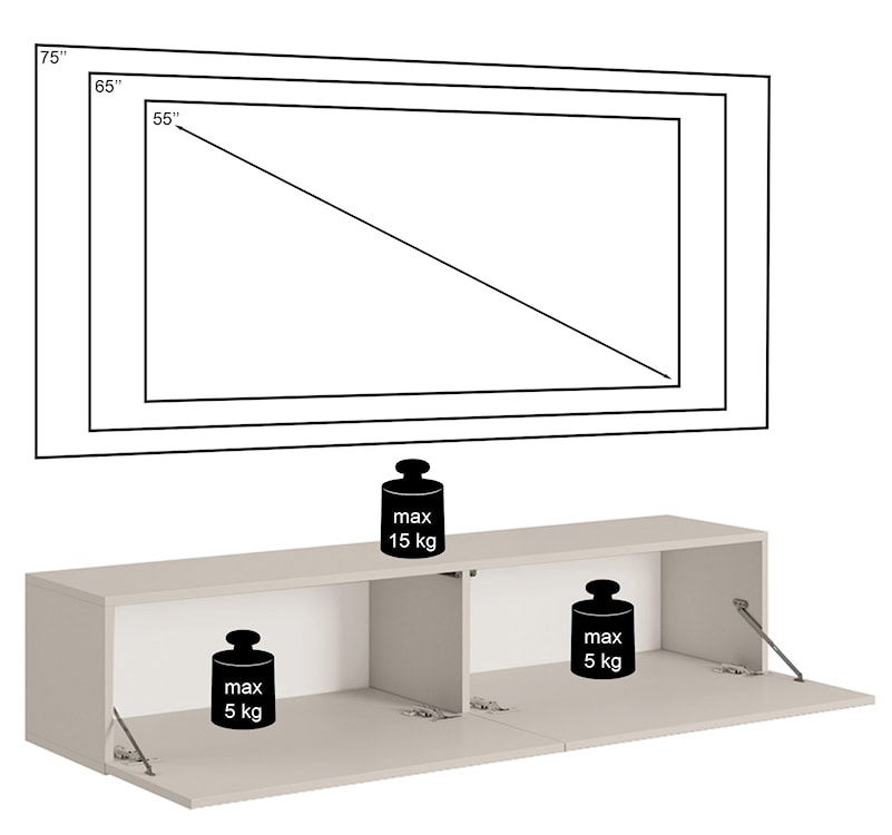 Szafka RTV Veldio z frezowanym frontem 140 cm Szary beż wisząca  - zdjęcie 9