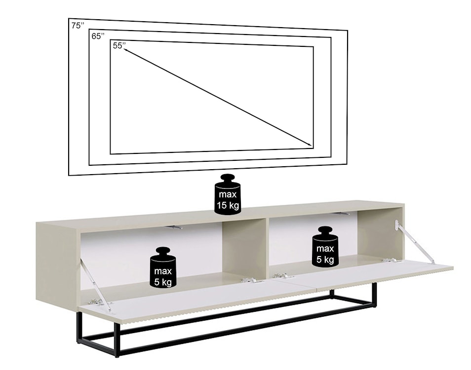 Szafka RTV Veldio z frezowanym frontem 175 cm Szary beż z czarnymi nogami  - zdjęcie 9